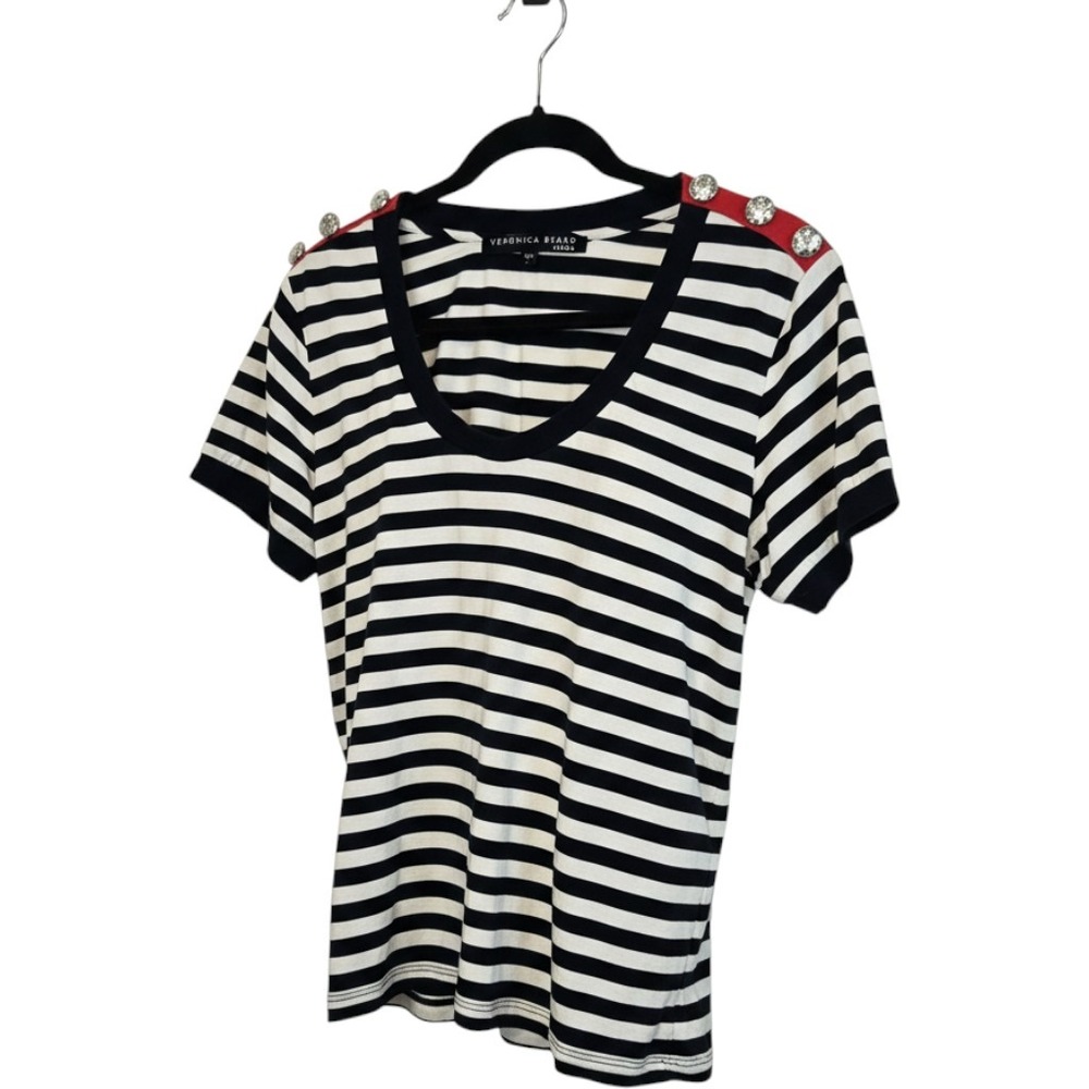 Veronica Beard Jeans Striped Scoop Neck T-Shirt Red Button Shoulder Navy White L